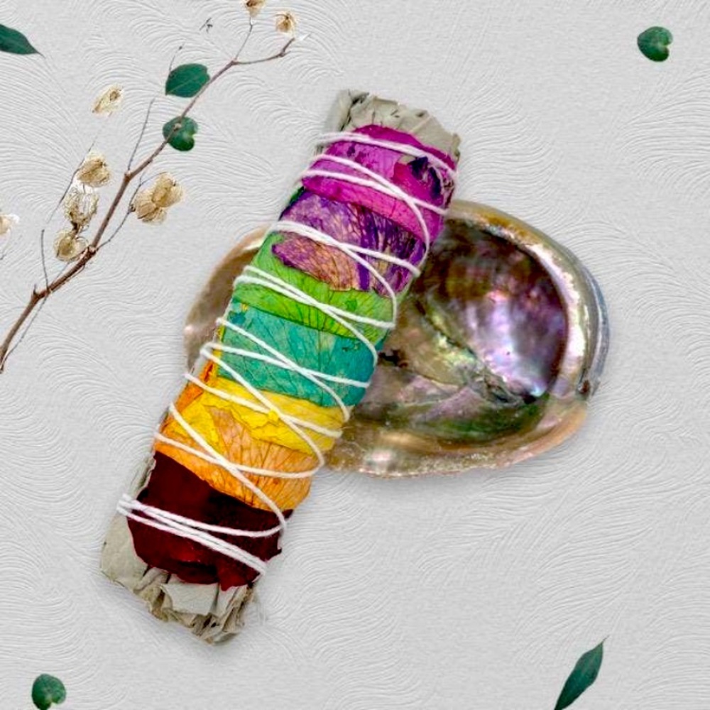 Chakra sage smudge stick with beautiful one of a kind albacore shell